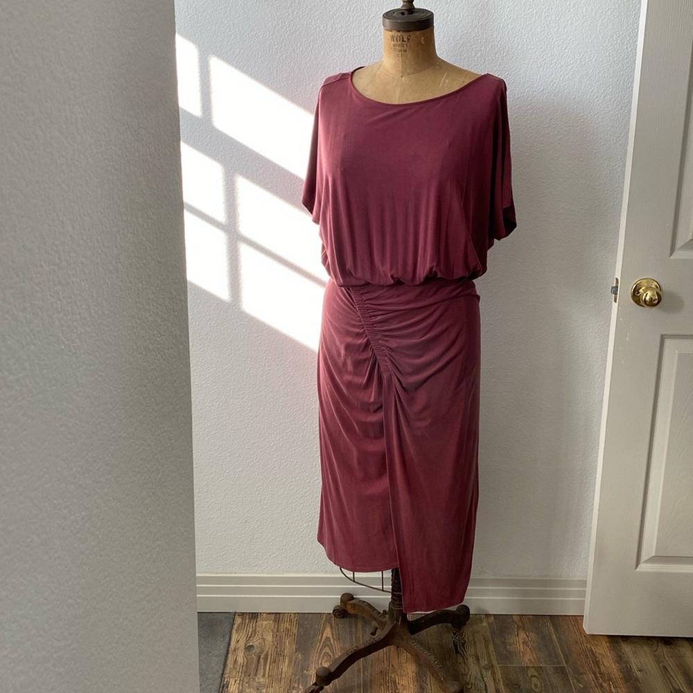 Red wine colored short sleeve midi dress
